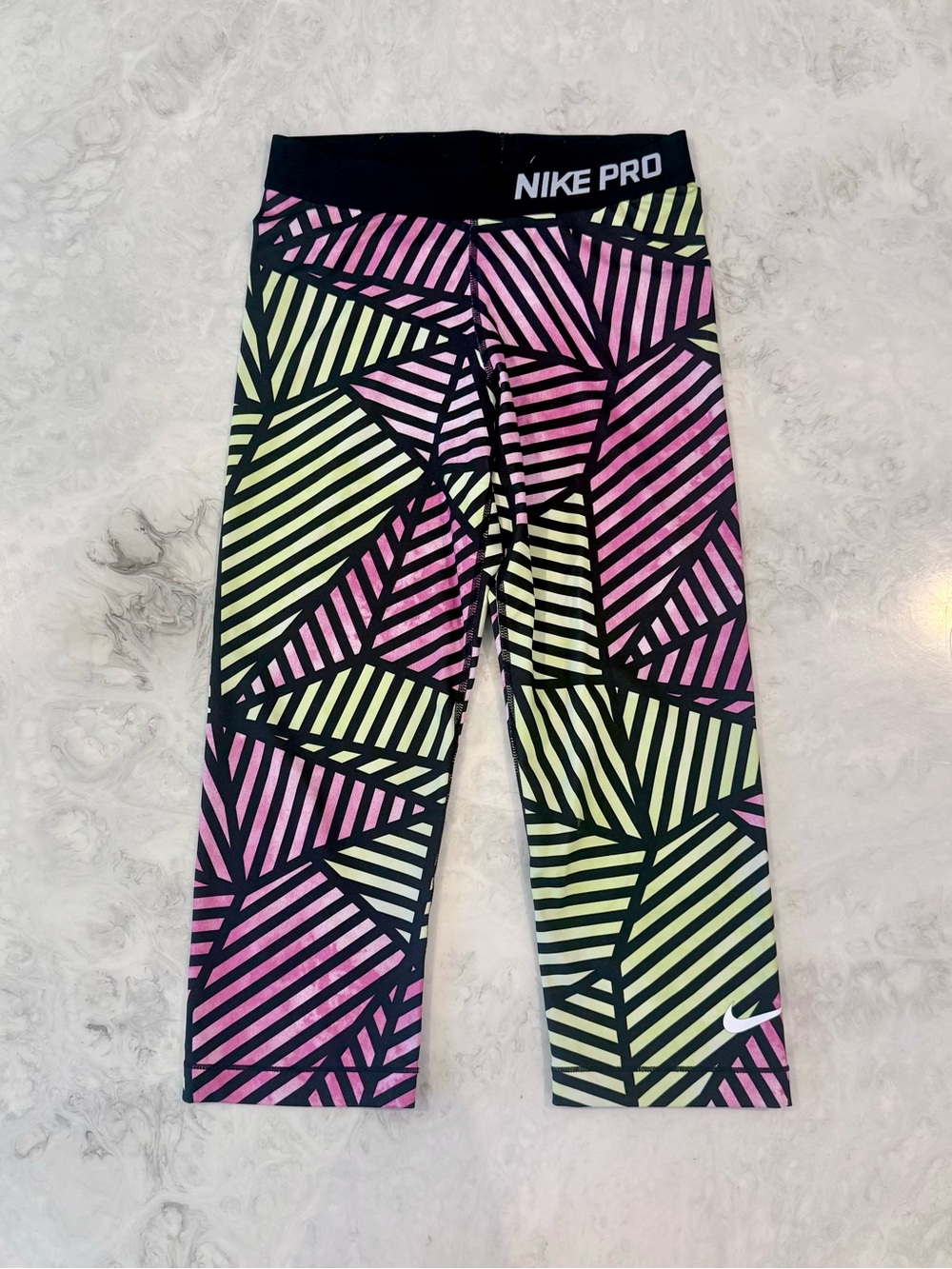 Nike Pro Dri-Fit Black Pink & Lime Striped Geo Capri Leggings